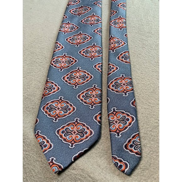 Vintage Gino Pompeii Mens Tie Silk Handmade Italy Blue Orange Pattern Necktie - Picture 5 of 5
